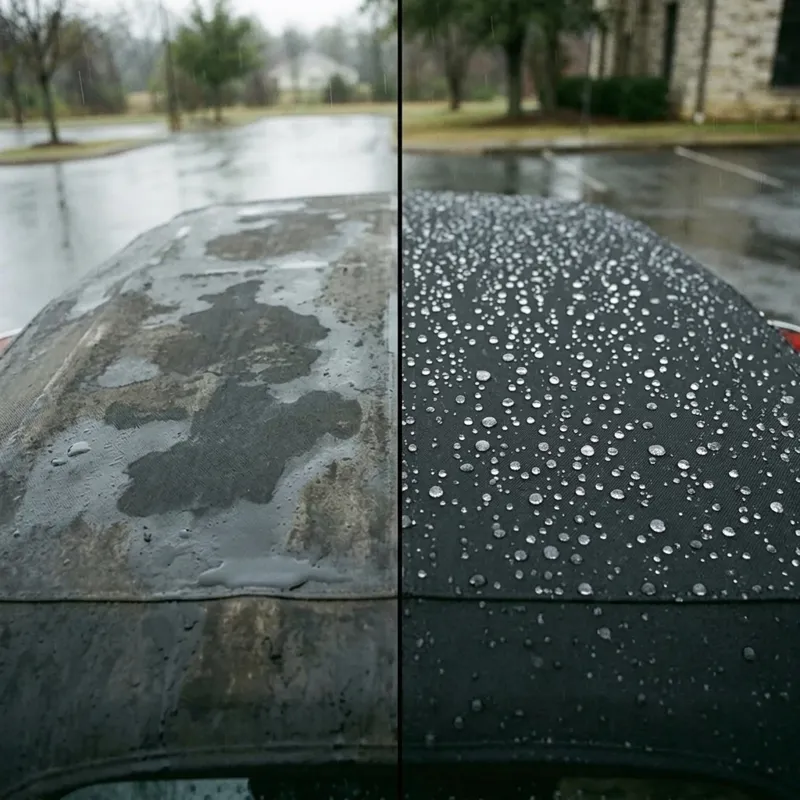 Dach cabrio przed i po czyszczeniu oraz impregnacji